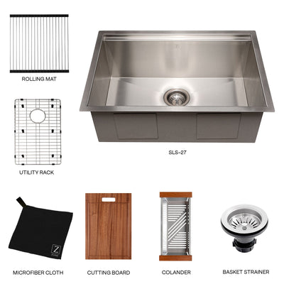 ZLINE 27" Garmisch Undermount Single Bowl DuraSnow® Stainless Steel Kitchen Sink with Bottom Grid and Accessories (SLS-27S)