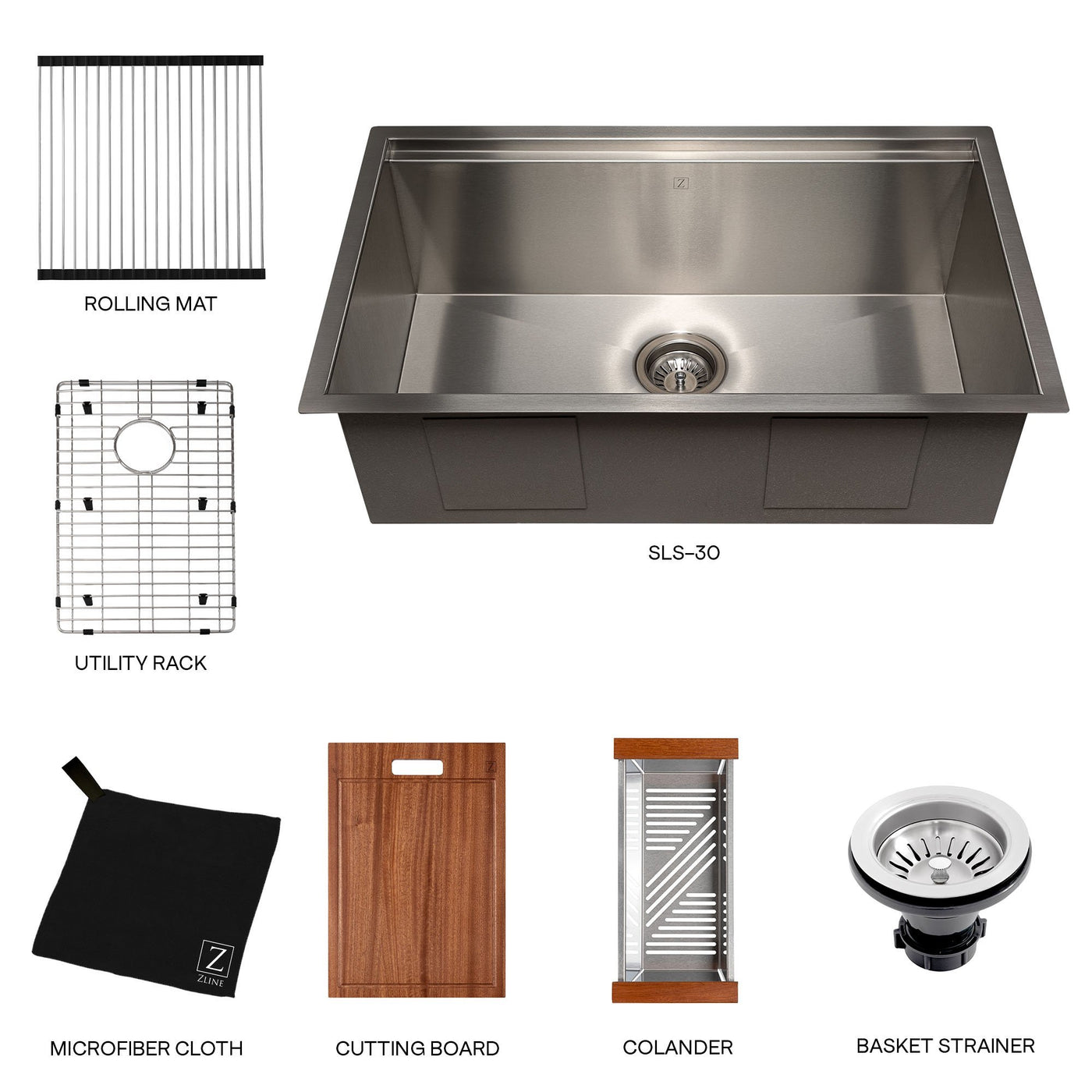 ZLINE 30" Garmisch Undermount Single Bowl DuraSnow® Stainless Steel Kitchen Sink with Bottom Grid and Accessories (SLS-30S)