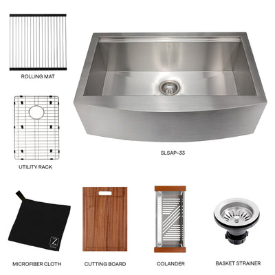 ZLINE 33" Moritz Farmhouse Apron Mount Single Bowl DuraSnow® Stainless Steel Kitchen Sink with Bottom Grid and Accessories (SLSAP-33S)