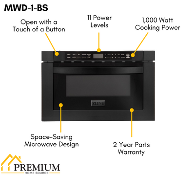 ZLINE Kitchen Package with Black Stainless Steel Refrigeration, 36" Dual Fuel Range and Microwave Drawer