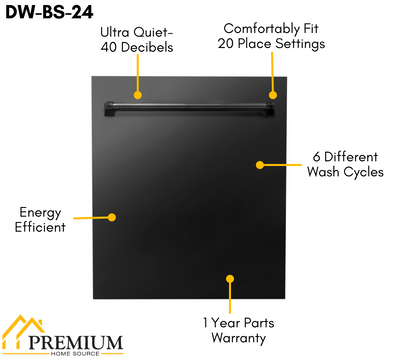 ZLINE Appliance Package - 48 in. Gas Range, Range Hood, Microwave Drawer, Dishwasher in Black, 4KP-RGBRH48-MWDW
