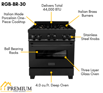 ZLINE Kitchen Package with Black Stainless Steel Refrigeration, 30" Gas Range, 30" Range Hood and Microwave Drawer