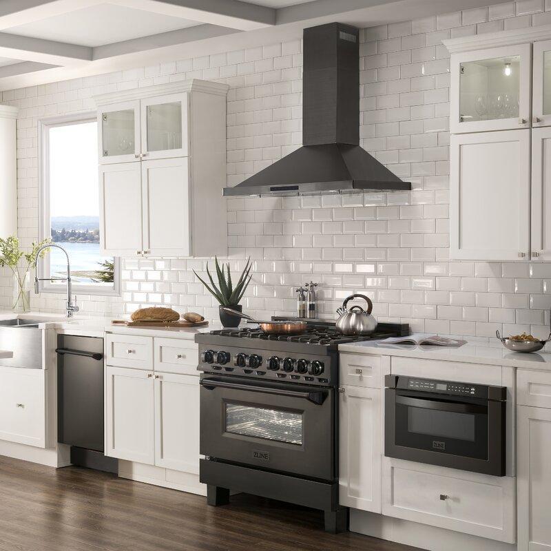 ZLINE 36" Kitchen Package with Black Stainless Steel Dual Fuel Range, Convertible Vent Range Hood and Microwave Drawer