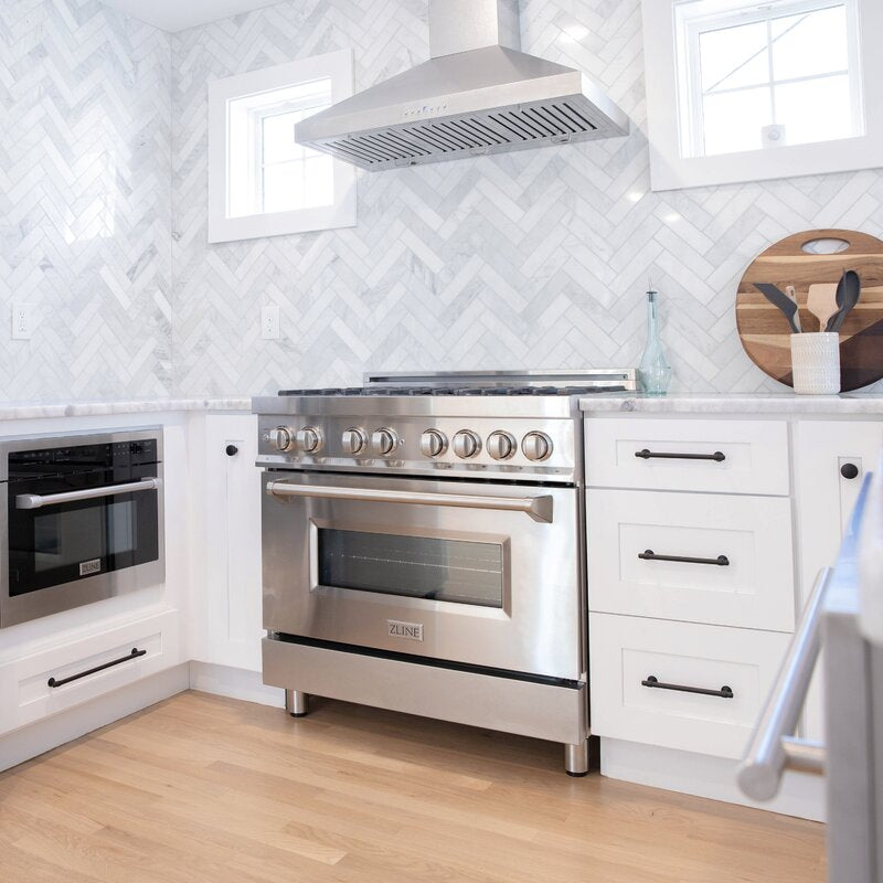 ZLINE 36" Kitchen Package with Stainless Steel Gas Range with Blue Gloss Door and Convertible Vent Range Hood