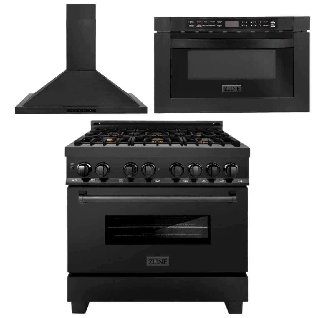 ZLINE 36" Kitchen Package with Black Stainless Steel Dual Fuel Range, Convertible Vent Range Hood and Microwave Drawer