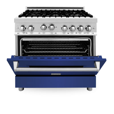 ZLINE 36" Kitchen Package with Stainless Steel Gas Range with Blue Matte Door and Convertible Vent Range Hood