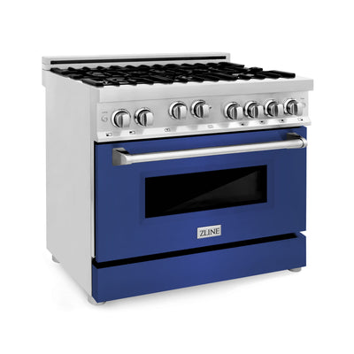 ZLINE 36" Kitchen Package with Stainless Steel Gas Range with Blue Matte Door and Convertible Vent Range Hood
