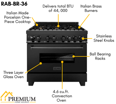 ZLINE Kitchen Package with Black Stainless Steel Refrigeration, 36" Dual Fuel Range and Microwave Drawer
