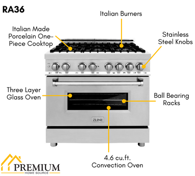 ZLINE 36" Kitchen Package with Stainless Steel Dual Fuel Range, Convertible Vent Range Hood and 24" Microwave Oven