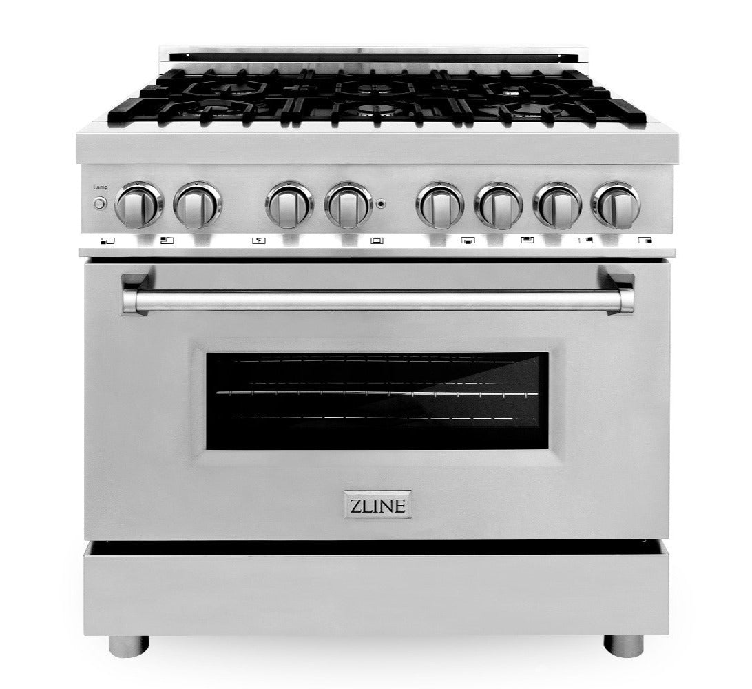ZLINE 36" Kitchen Package with Stainless Steel Dual Fuel Range, Convertible Vent Range Hood and 24" Microwave Oven
