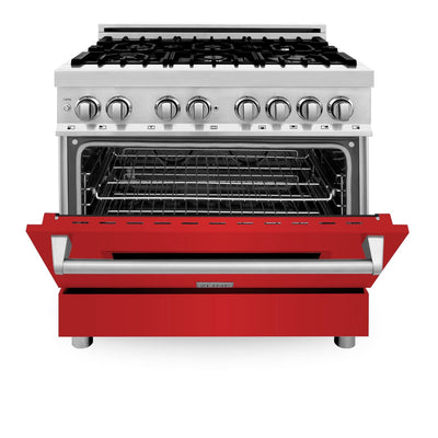 ZLINE 36" Kitchen Package with DuraSnow® Stainless Steel Dual Fuel Range with Red Matte Door and Convertible Vent Range Hood