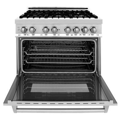 ZLINE 36" Kitchen Package with Stainless Steel Dual Fuel Range, Convertible Vent Range Hood and Microwave Drawer