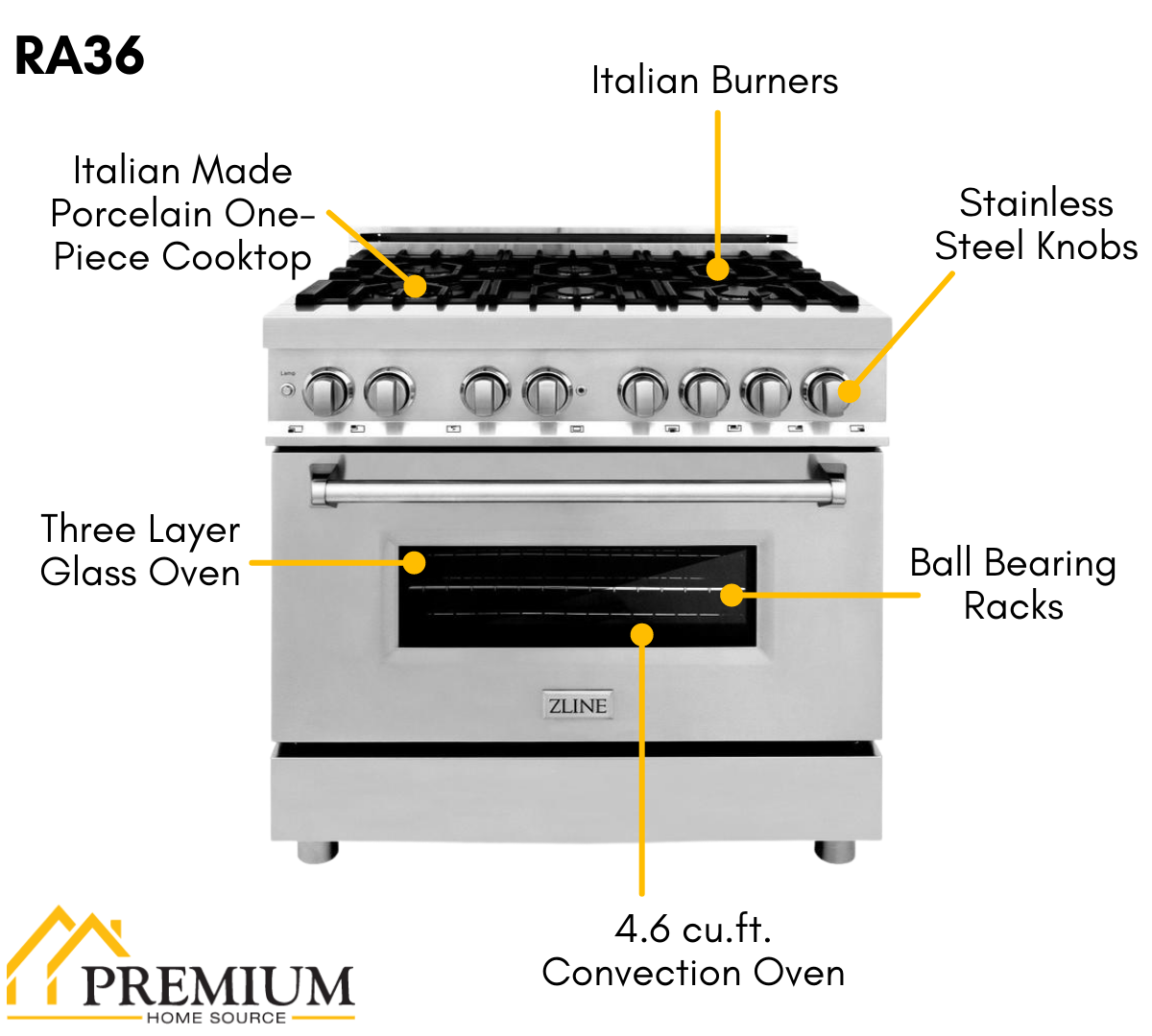 ZLINE 36" Kitchen Package with Stainless Steel Dual Fuel Range, Convertible Vent Range Hood and Tall Tub Dishwasher