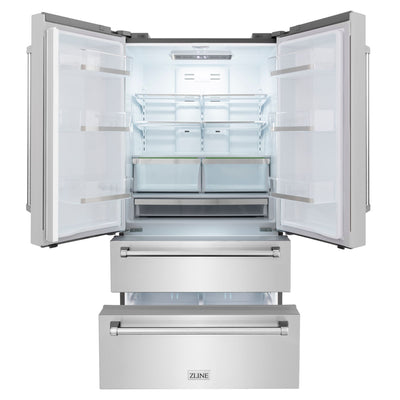 ZLINE Kitchen Package with Refrigeration, 36" Stainless Steel Gas Range, 36" Range Hood, Microwave Drawer, and 24" Tall Tub Dishwasher