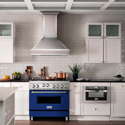 ZLINE 36" Kitchen Package with Stainless Steel Gas Range with Blue Gloss Door and Convertible Vent Range Hood