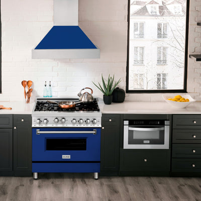 ZLINE 36" Kitchen Package with Stainless Steel Gas Range with Blue Gloss Door and Convertible Vent Range Hood