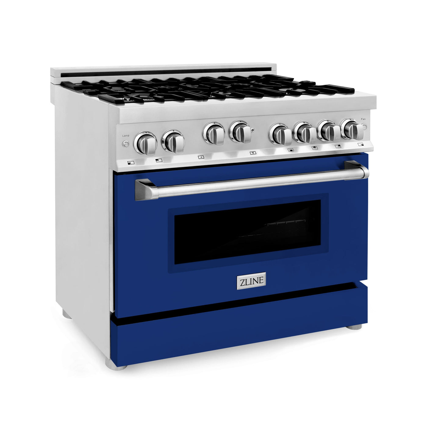 ZLINE 36" Kitchen Package with Stainless Steel Gas Range with Blue Gloss Door and Convertible Vent Range Hood
