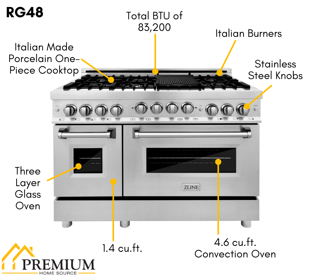 ZLINE Kitchen Package with Refrigeration, 48" Stainless Steel Gas Range, 48" Convertible Vent Range Hood and 24" Tall Tub Dishwasher