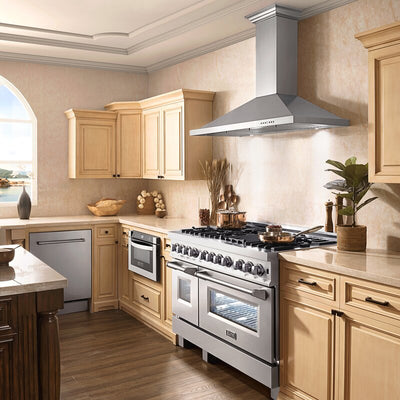ZLINE 48" Kitchen Package with Stainless Steel Dual Fuel Range with Whiite Matte Door and Convertible Vent Range Hood