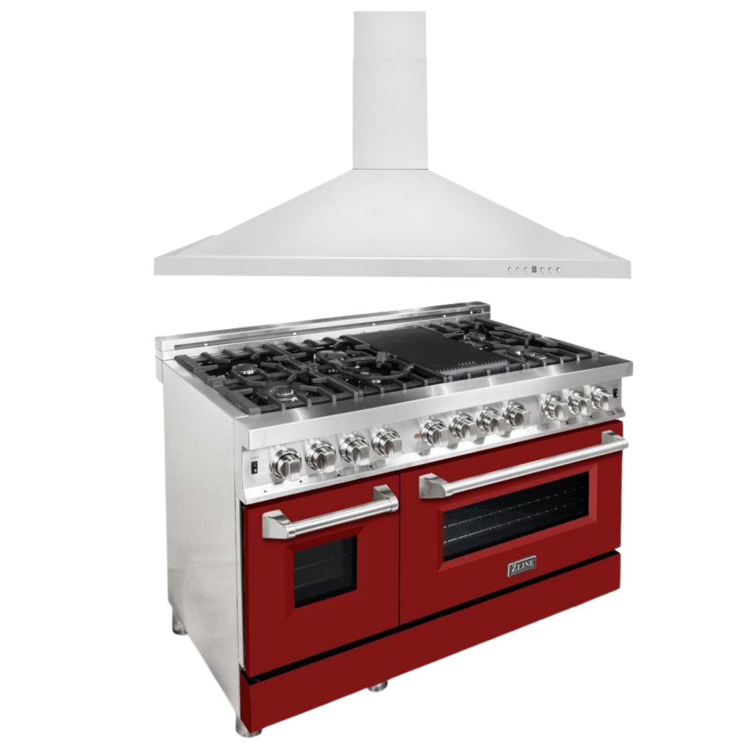 ZLINE 48" Kitchen Package with DuraSnow® Stainless Steel Dual Fuel Range with Red Matte Door and Convertible Vent Range Hood