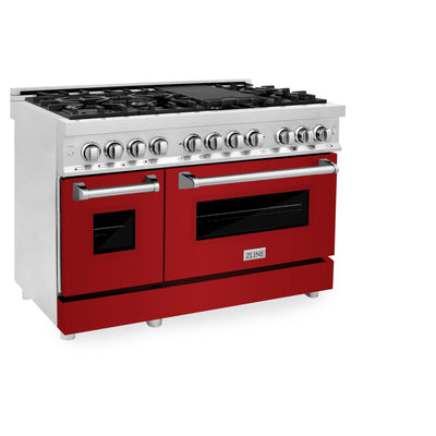 ZLINE 48" Kitchen Package with Stainless Steel Dual Fuel Range with Red Gloss Door and Convertible Vent Range Hood