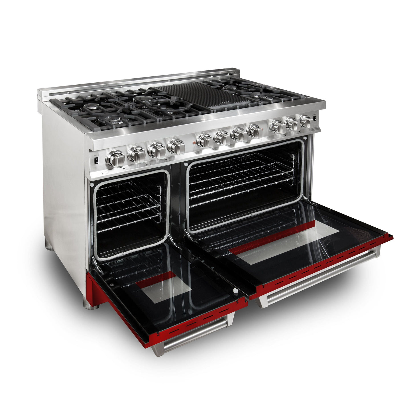 ZLINE 48" Kitchen Package with Stainless Steel Dual Fuel Range with Red Gloss Door and Convertible Vent Range Hood