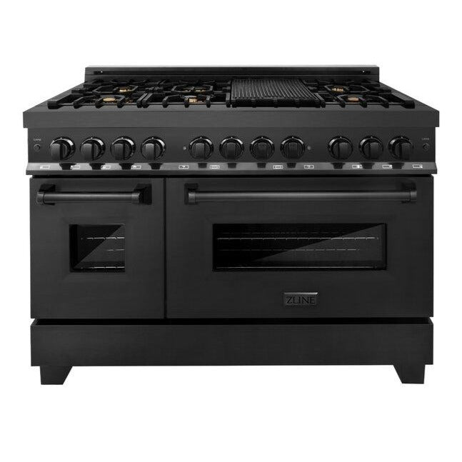 ZLINE 48" Kitchen Package with Black Stainless Steel Dual Fuel Range, Convertible Vent Range Hood and Dishwasher