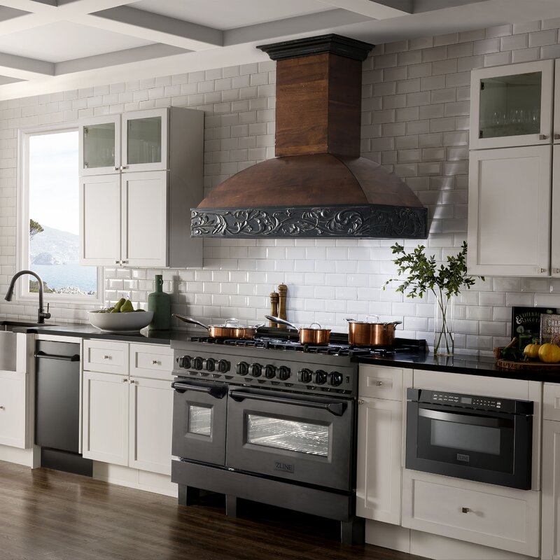 ZLINE 48" Kitchen Package with Black Stainless Steel Dual Fuel Range, Convertible Vent Range Hood and Microwave Drawer