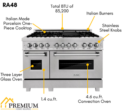 ZLINE 48" Kitchen Package with Stainless Steel Dual Fuel Range, Convertible Vent Range Hood and Microwave Drawer
