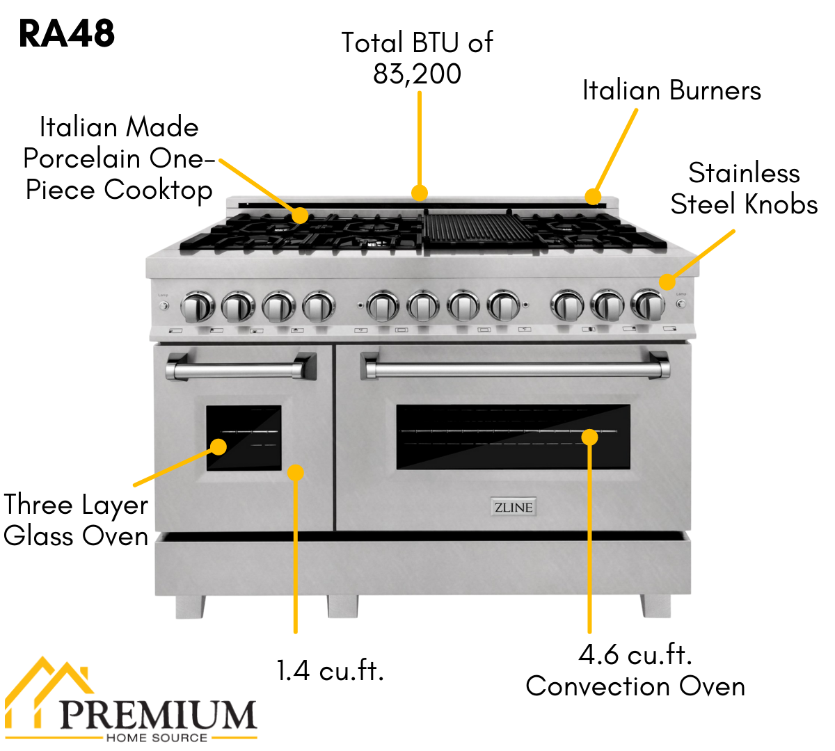 ZLINE Kitchen Package with Refrigeration, 48" Stainless Steel Dual Fuel Range, 48" Convertible Vent Range Hood and 24" Tall Tub Dishwasher