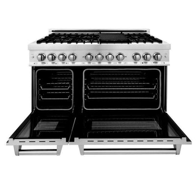 ZLINE 48" Kitchen Package with Stainless Steel Dual Fuel Range, Convertible Vent Range Hood and Microwave Drawer