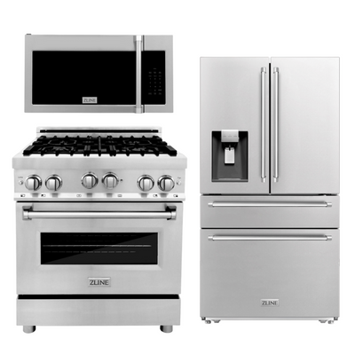 ZLINE Appliance Package - 30 In. Gas Range, Over-the-Range Microwave, Refrigerator, 3KPRW-RGOTRH30