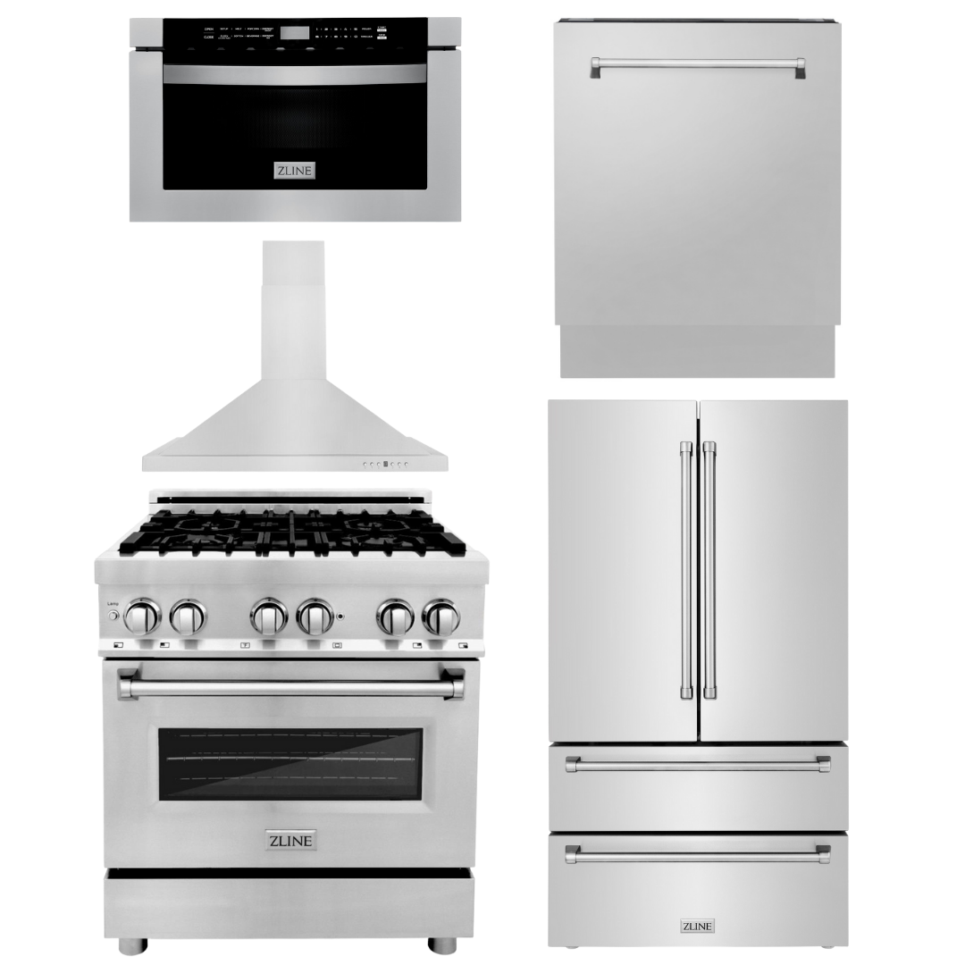 ZLINE Kitchen Package with Refrigeration, 30" Stainless Steel Dual Fuel Range, 30" Range Hood, Microwave Drawer, and 24" Tall Tub Dishwasher