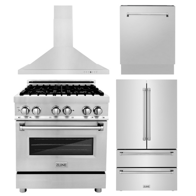 ZLINE Kitchen Package with Refrigeration, 30" Stainless Steel Dual Fuel Range, 30" Convertible Vent Range Hood and 24" Tall Tub Dishwasher