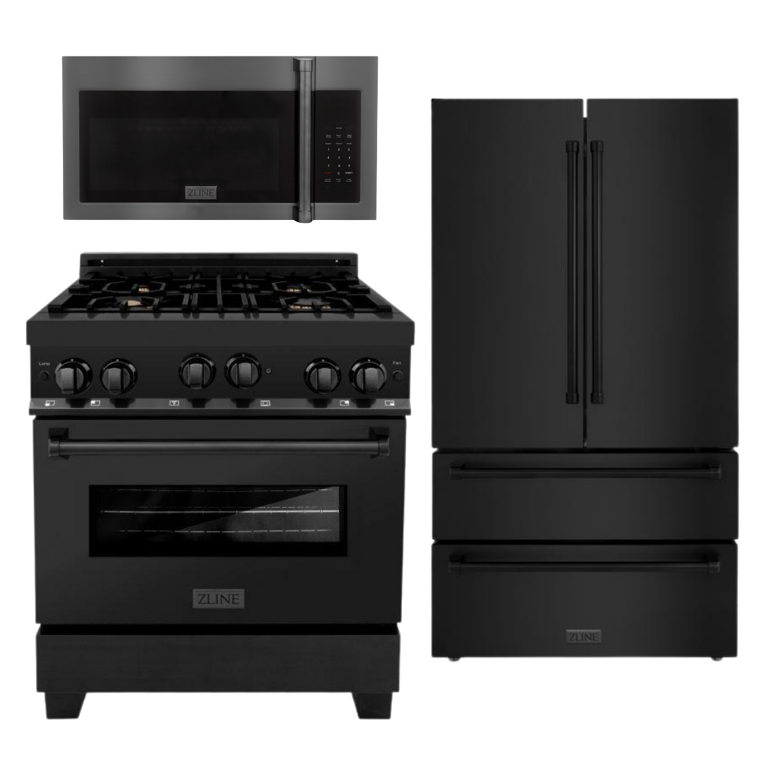 ZLINE Kitchen Package with Black Stainless Steel Refrigeration, 30" Gas Range and 30" Traditional Over the Range Microwave