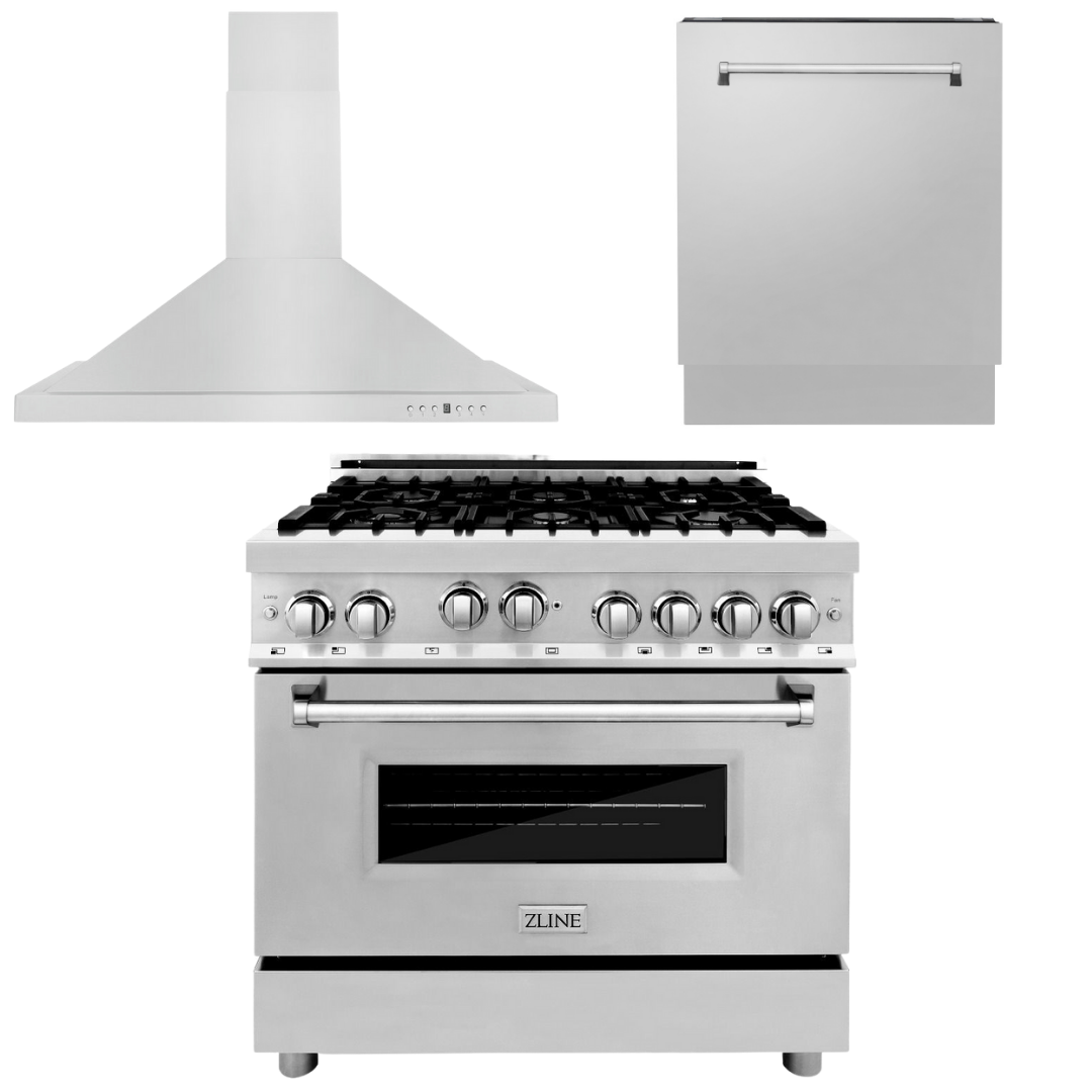 ZLINE 36" Kitchen Package with Stainless Steel Gas Range, Convertible Vent Range Hood and Tall Tub Dishwasher