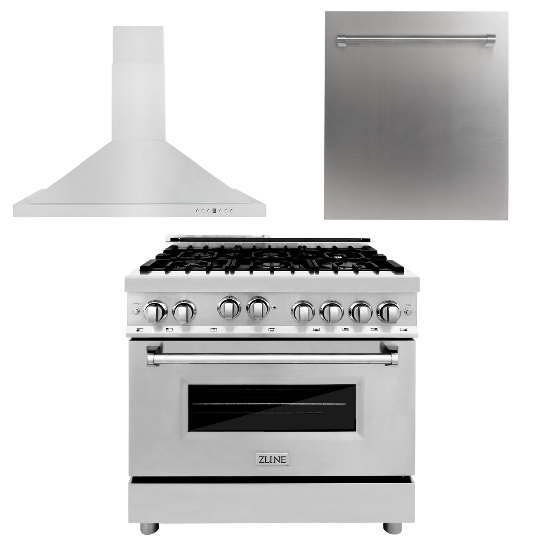 ZLINE 36" Kitchen Package with Stainless Steel Gas Range, Convertible Vent Range Hood and Dishwasher