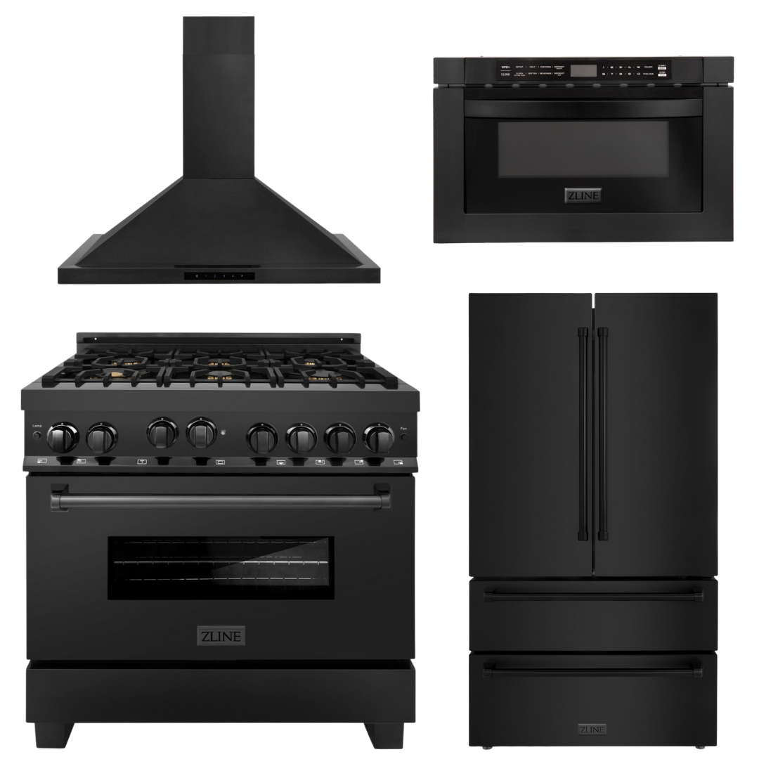 ZLINE Kitchen Package with Black Stainless Steel Refrigeration, 36" Gas Range and Microwave Drawer