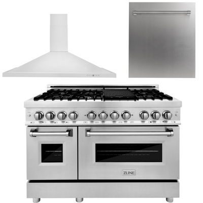 ZLINE 48" Kitchen Package with Stainless Steel Dual Fuel Range, Convertible Vent Range Hood and Dishwasher
