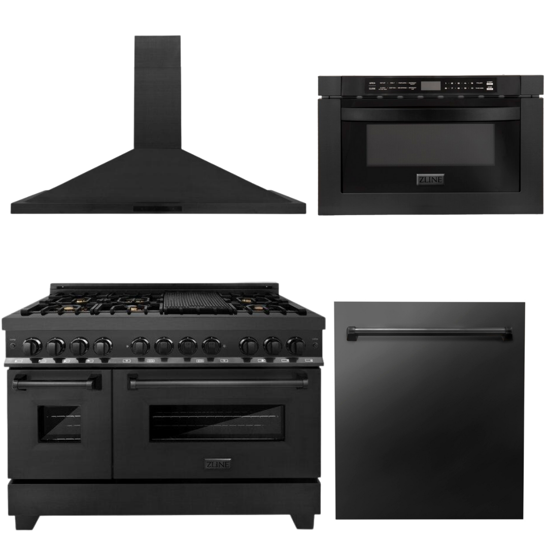 ZLINE 48" Kitchen Package with Black Stainless Steel Dual Fuel Range, Range Hood, Microwave Drawer and Dishwasher