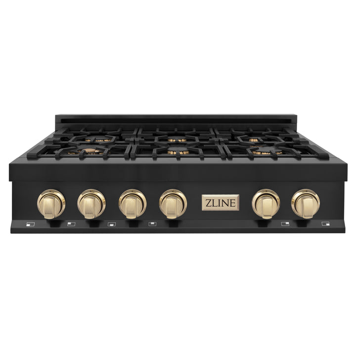 ZLINE Autograph Edition 36" Porcelain Rangetop with 6 Gas Burners in Black Stainless Steel with Accents (RTBZ-36)