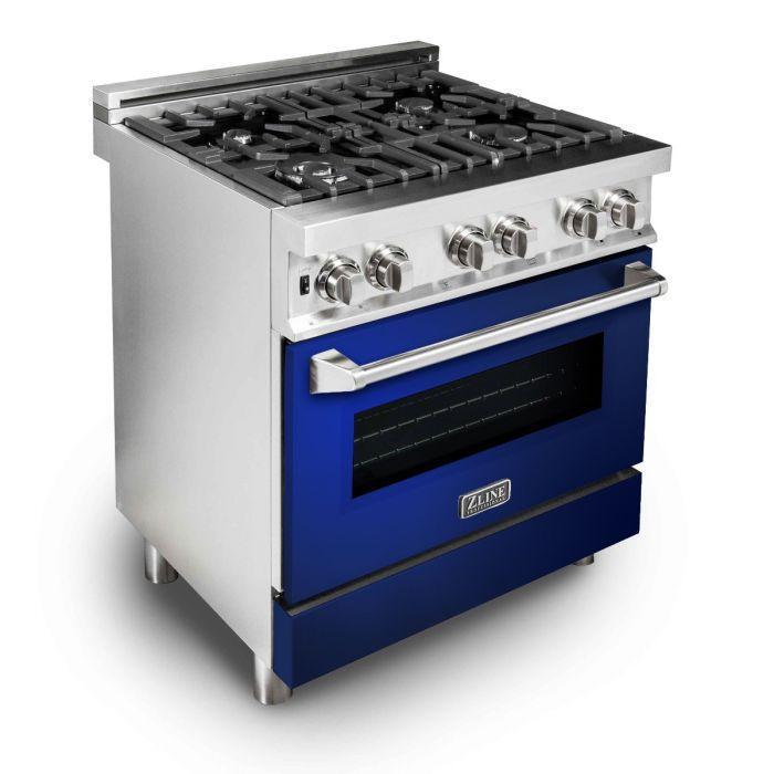 ZLINE 30" Kitchen Package with Stainless Steel Dual Fuel Range with Blue Gloss Door and Convertible Vent Range Hood