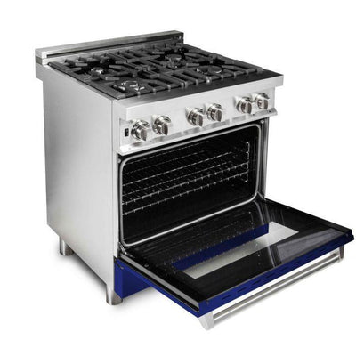 ZLINE 30" Kitchen Package with Stainless Steel Dual Fuel Range with Blue Gloss Door and Convertible Vent Range Hood