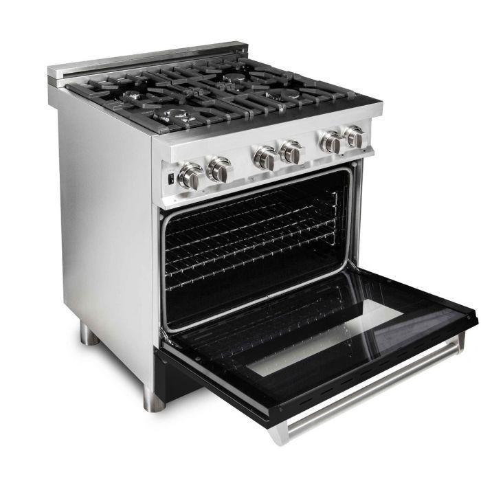 ZLINE 30" Kitchen Package with Stainless Steel Dual Fuel Range with Black Matte Door and Convertible Vent Range Hood