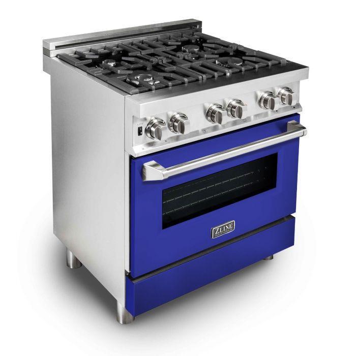 ZLINE 30" Kitchen Package with Stainless Steel Dual Fuel Range with Blue Matte Door and Convertible Vent Range Hood
