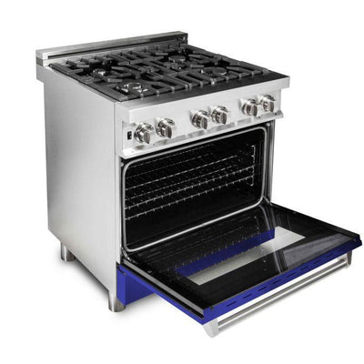 ZLINE 30" Kitchen Package with Stainless Steel Dual Fuel Range with Blue Matte Door and Convertible Vent Range Hood
