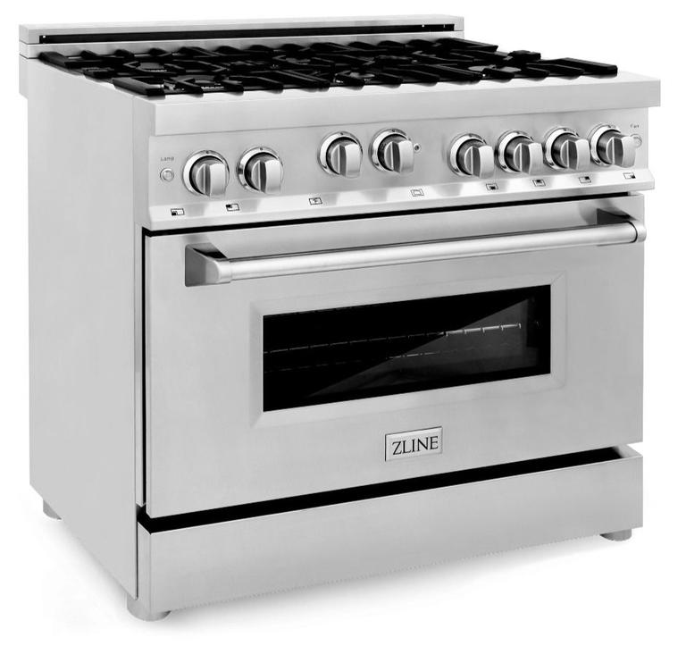 ZLINE 36" Kitchen Package with Stainless Steel Gas Range, Convertible Vent Range Hood and Microwave Drawer