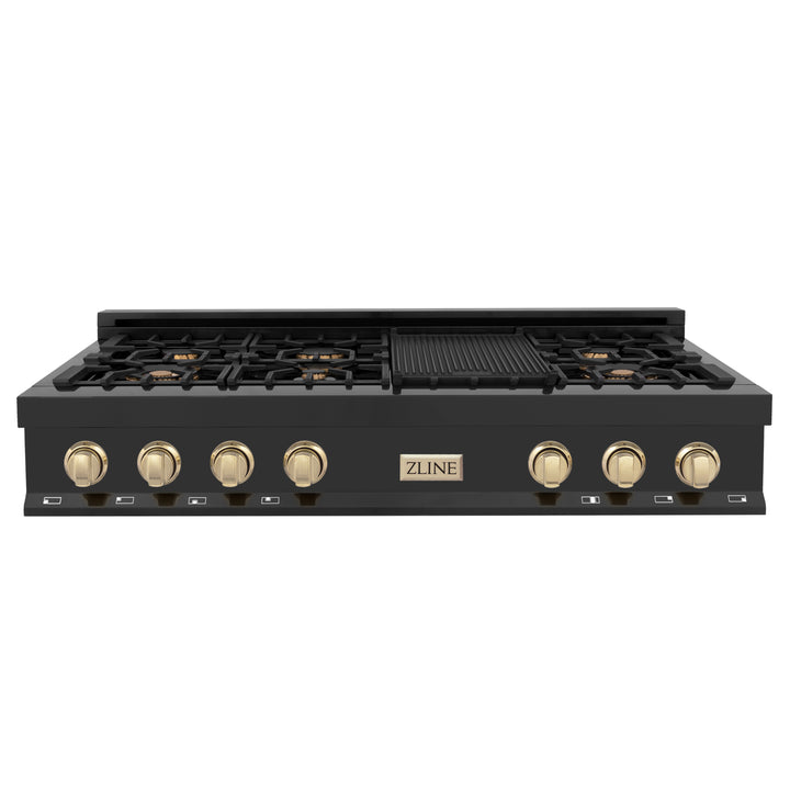 ZLINE Autograph Edition 48" Porcelain Rangetop with 7 Gas Burners in Black Stainless Steel with Accents (RTBZ-48)