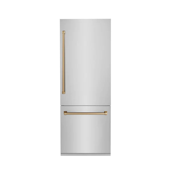 ZLINE 30" Autograph Edition 16.1 cu. ft. Built-in 2-Door Bottom Freezer Refrigerator with Internal Water and Ice Dispenser in Stainless Steel with Gold Accents (RBIVZ-304-30-G)