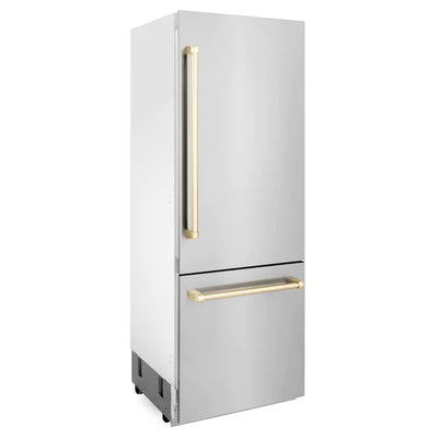 ZLINE 30" Autograph Edition 16.1 cu. ft. Built-in 2-Door Bottom Freezer Refrigerator with Internal Water and Ice Dispenser in Stainless Steel with Gold Accents (RBIVZ-304-30-G)